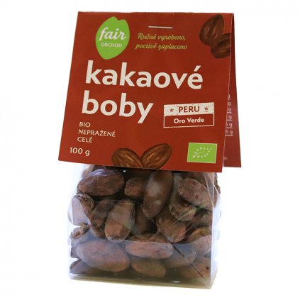 Fair trade bio nepražené kakaové boby celé Peru Oro Verde, 100 g