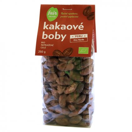Fair trade bio nepražené kakaové boby celé Peru Oro Verde, 250 g