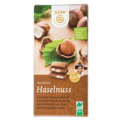 Fair trade bio mléčná čokoláda Gepa s celými lískovými oříšky