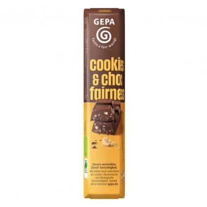 Fair trade bio hořká čokoládová tyčinka s kousky sušenek, 45 g