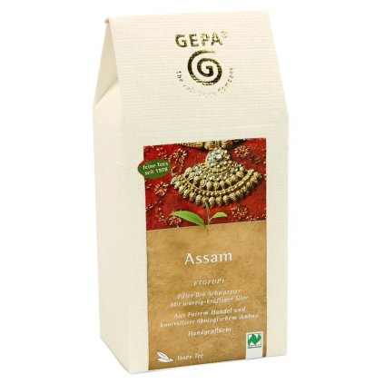 Fair trade bio černý čaj Assam sypaný v krabičce z ručně dělaného papíru