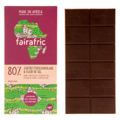 Fair trade bio hořká čokoláda Fairafric s 80 % kakaa a Fleur de Sel, vyrobená v Ghaně, 80 g