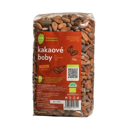 Fair trade bio nepražené kakaové boby Ghana Amelonado, 1 kg