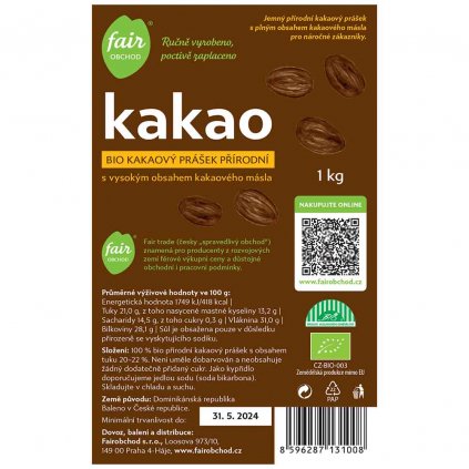 Fair trade bio kakaový prášek plnotučný přírodní z Dominikánské republiky, 1 kg