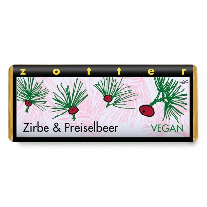 Fair trade bio hořká vegan čokoláda Zotter Borovicová pálenka s brusinkami, 70 g