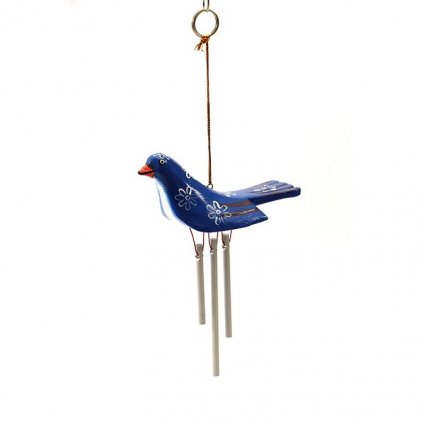 Fair trade zvonkohra ptáček s kvítky z Bali, modrý, 13 cm