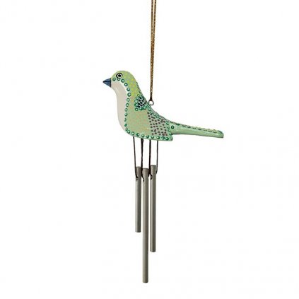Fair trade zvonkohra zelený puntíkovaný ptáček z Bali, 13 cm