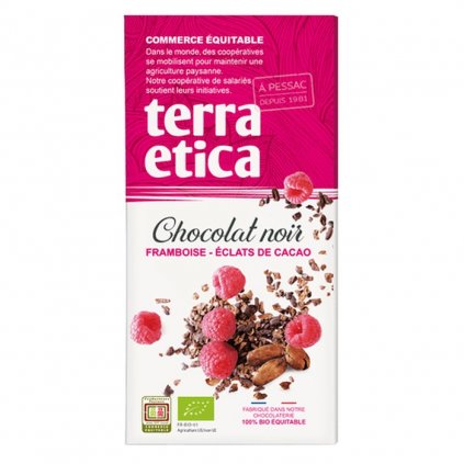 Fair trade bio hořká čokoláda s kakaovými boby a malinami, 100 g