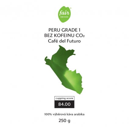 Fair trade bio zrnková káva bez kofeinu Peru Gr. 1 SHB+ CO2 Cafe del Futuro, 250 g