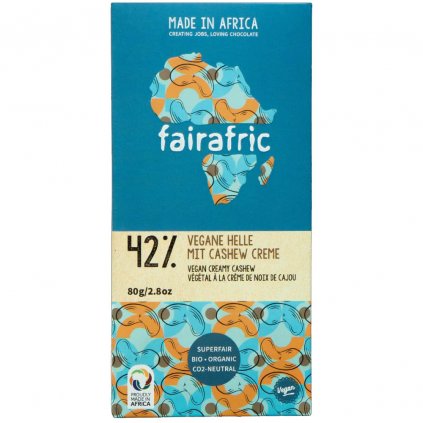 Fair trade bio vegan čokoláda Fairafric se 42 % kakaa a kešu krémem, vyrobená v Ghaně, 80 g