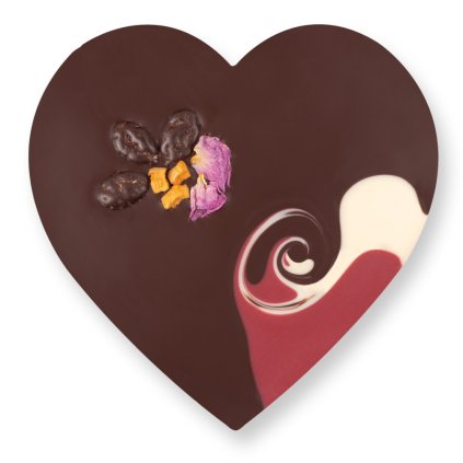 Fair trade bio vegan srdce z hořké čokolády s malinami a růží