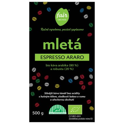 Fair trade bio mletá káva Espresso Araro, 500 g