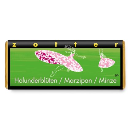 Fair trade bio plněná mléčná čokoláda Zotter Bezinky, marcipán a máta, 70 g