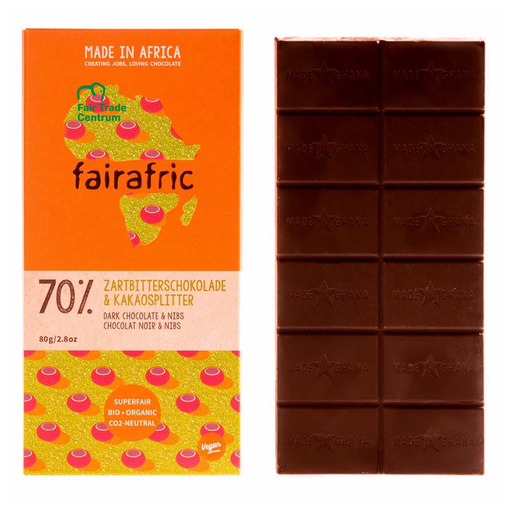 Fair trade bio hořká čokoláda Fairafric se 70 % kakaa s kousky kakaových bobů z Ghany