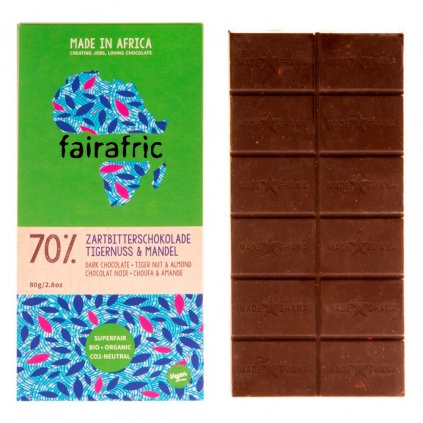 Fair trade bio hořká čokoláda Fairafric s mandlemi a tygřími ořechy, vyrobená v Ghaně, 80 g