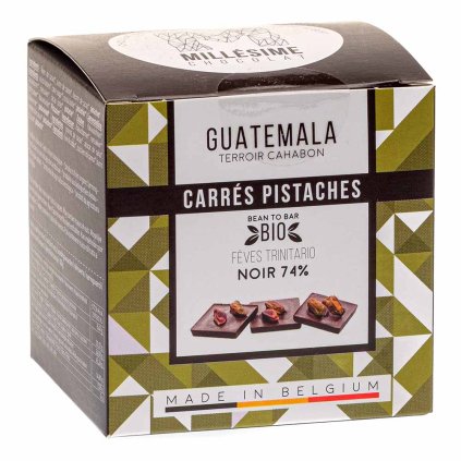 Ručně dělané fair trade bio hořké napolitánky s pistáciemi Guatemala 74 %, 75 g