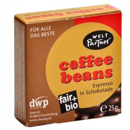 Fair Trade bio kávová zrna v hořké čokoládě, 25 g