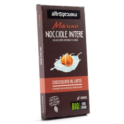 Fair trade bio mléčná čokoláda Mascao s celými lískovými oříšky, 100 g