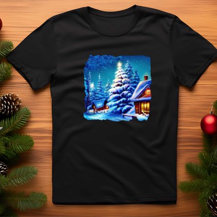 Pánské tričko - Vánoční motiv (stromek s chaloupkou)