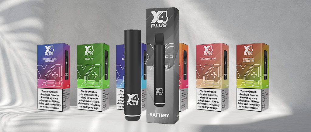 X4 Plus, varianty příchutí a samostatná baterie.