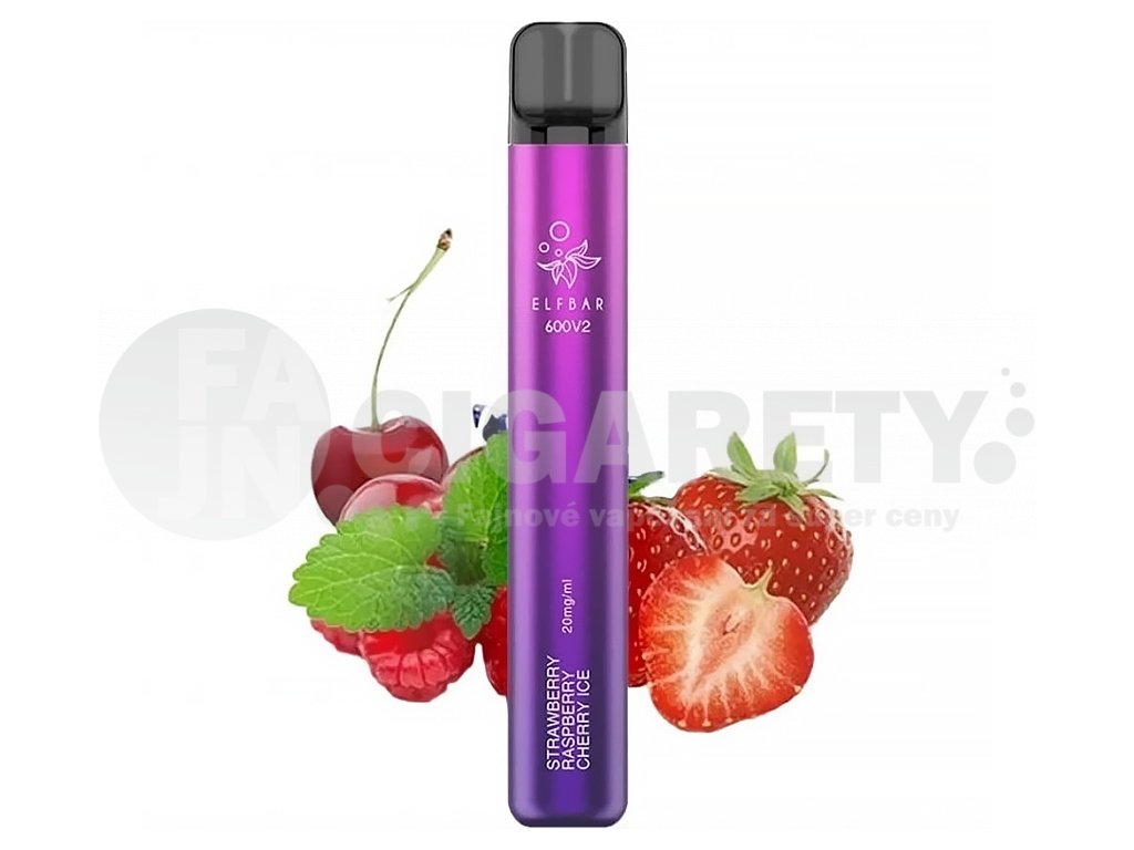 Elf Bar 600 V2 - 20mg - Strawberry Raspberry Cherry ICE (Jahoda, malina, třešeň), produktový obrázek.