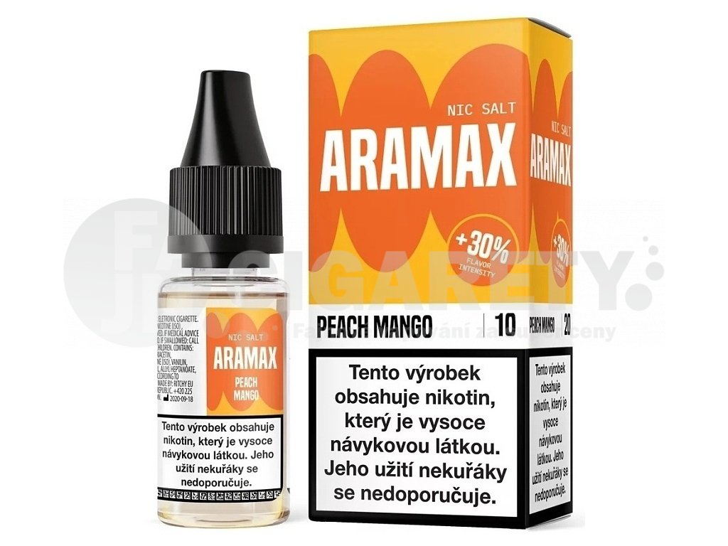 Aramax - Salt e-liquid - Peach Mango - 10ml - 10mg, produktový obrázek.
