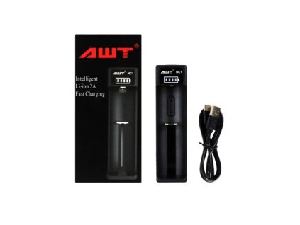 Obsah balení AWT NC1 nabíječky s inteligentním Li ion nabíjením a USB kabelem pro připojení