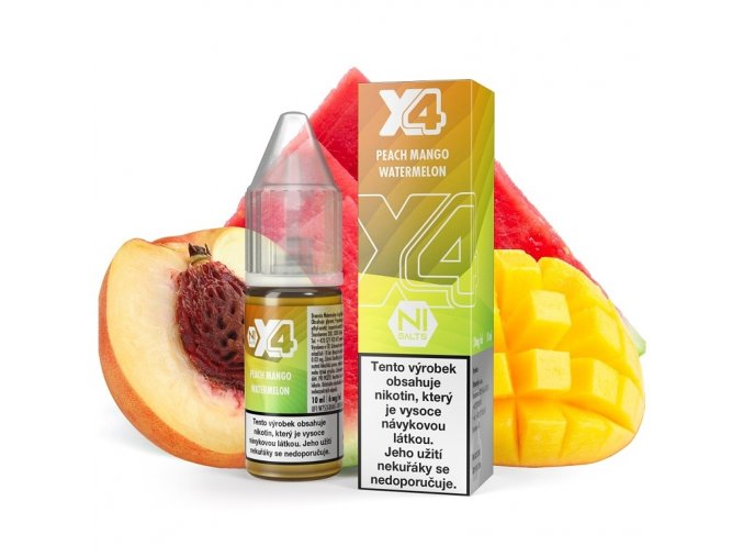 X4 Bar Juice Salt - E-liquid - Peach Mango Watermelon (Broskev, mango a meloun) - 10mg, produktový obrázek.