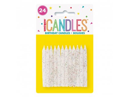 Svíčky dortové, bílé barevně třpytivé spirály 24ks