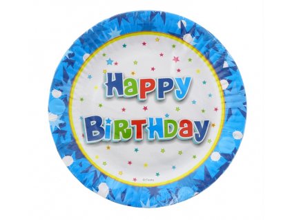 Papírové talíře Happy Birthday, modré 18cm, 6ks