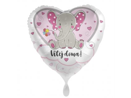 Fóliový balónek srdce 43cm, Vítej doma! Sloník růžový CZ