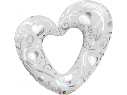 Fóliový balónek srdce 107cm, ornamenty perleťově-bílé
