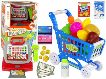 Dětská pokladna, vozík + potraviny