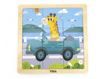 Viga Dřevěné puzzle na podložce 9 dílků - auto