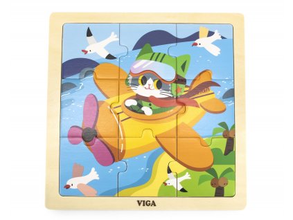 Viga Dřevěné puzzle na podložce 9 dílků - letadlo