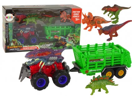 Vozidlo s přívěsem s motivem dinosaura + 4 kusy dinosaurů