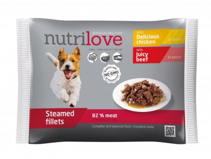 nutrilove dog s delikatnim kurecim a stavnatym hovezim v omacce 4 x 85 g kapsicky