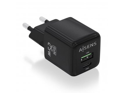 Nabíjačka do siete Aisens ASCH-25W2P015-BK USB-C + USB-A Čierna 25 W