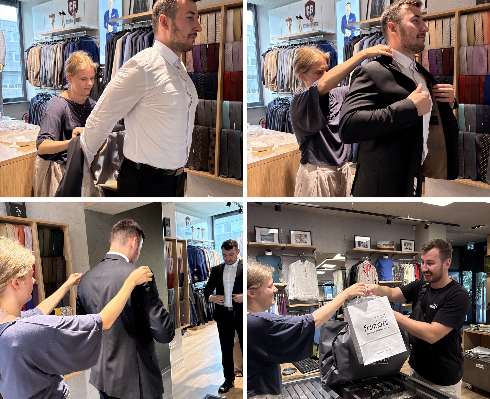 Osobné poradenstvo v predajni FAMON men Žilina – skúšanie saka a výber outfitu