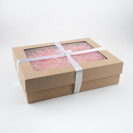 Velká hnědá dárková krabice s víkem a výplní uvnitř