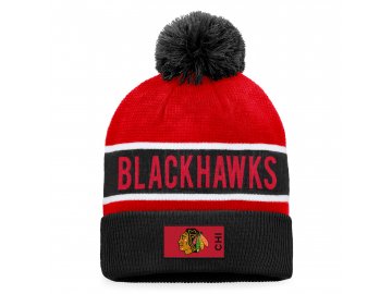 Zimní čepice Chicago Blackhawks Authentic Pro Game & Train Cuffed Pom Knit Black-Athletic Red