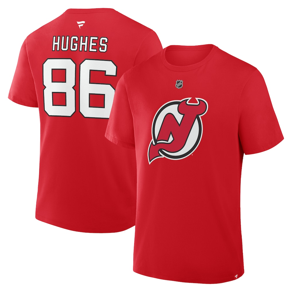 Pánské tričko New Jersey Devils NHL Jack Hughes #86 Authentic Stack Name & Number T-Shirt - Red Velikost: XXXL