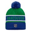 Pánská zimní čepice Vancouver Canucks NHL Authentic Pro Game & Train Cuffed Pom Knit Blue Cobalt-Kelly Green