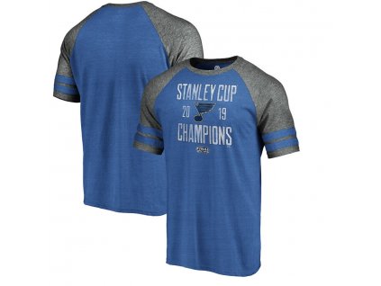 Pánske tričko St. Louis Blues 2019 Stanley Cup Champions In the Crease 2-Stripe Tri-Blend Raglan