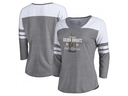 Dámske tričko Vegas Golden Knights 2023 Stanley Cup Champions Shootout Tri-Blend 3/4 Sleeve V-Neck