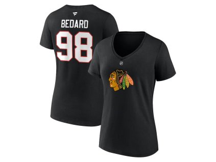 Dámské tričko Connor Bedard #98 Chicago Blackhawks NHL Draft 2023 Stack Logo Name & Number V-Neck Black