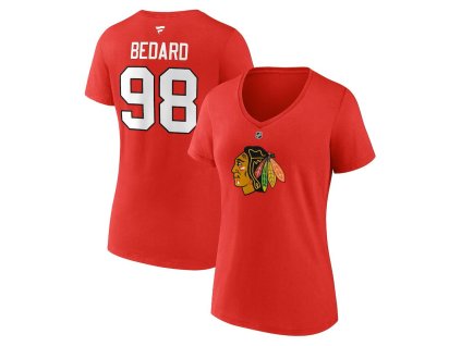 Dámské tričko Connor Bedard #98 Chicago Blackhawks NHL Draft 2023 Stack Logo Name & Number V-Neck Red