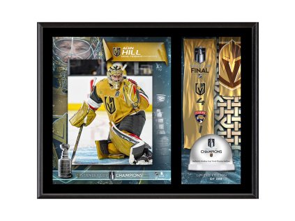 Sběratelská plaketa - koláž Vegas Golden Knights Adin Hill 2023 Stanley Cup Champions 12'' x 15'' Sublimated Plaque with Game-Used Ice from the 2023 Stanley Cup Final - Limited Edition of 500