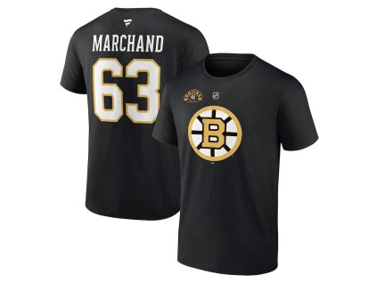 Pánské tričko Brad Marchand #63 Boston Bruins NHL 100th Anniversary Stack Logo Name & Number