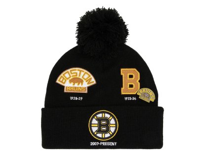 Pánská zimní čepice Boston Bruins NHL 100th Anniversary Collection Timeline Cuffed Knit Hat with Pom - Black/